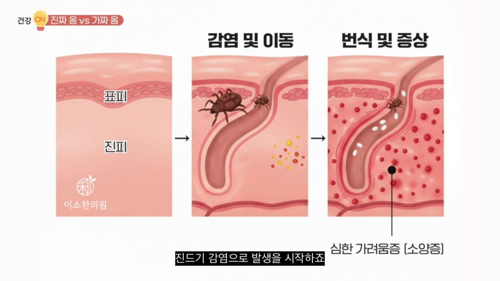 옴의 감염 이동 및 번식, 증상